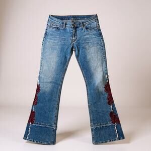 Allen B. Schwartz Low Rise Embroidered Patchwork Flare Leg Jeans Women, Y2K | 30
